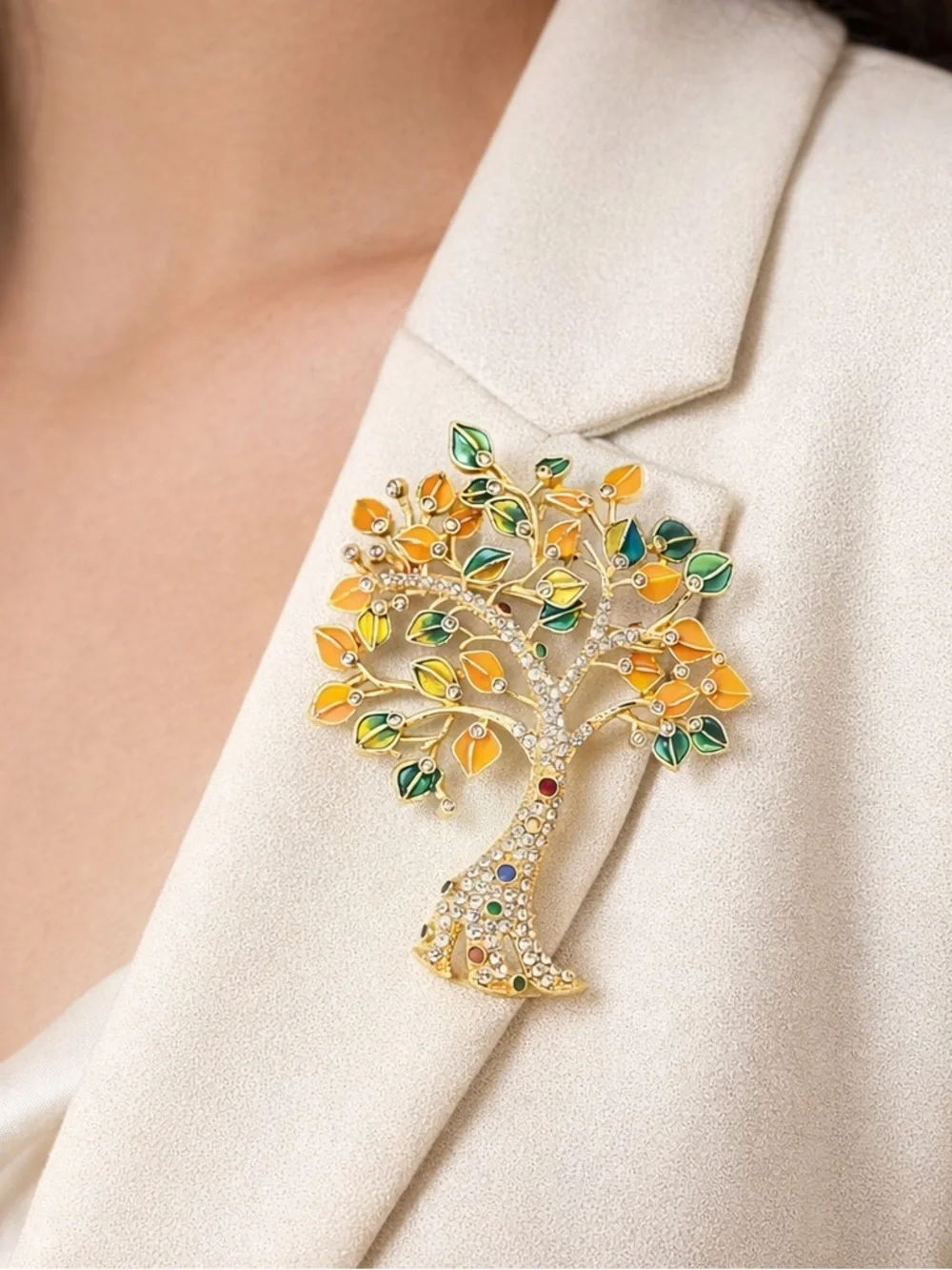 Family Tree Gold Crystal Colorful Leaf Pin Brooch